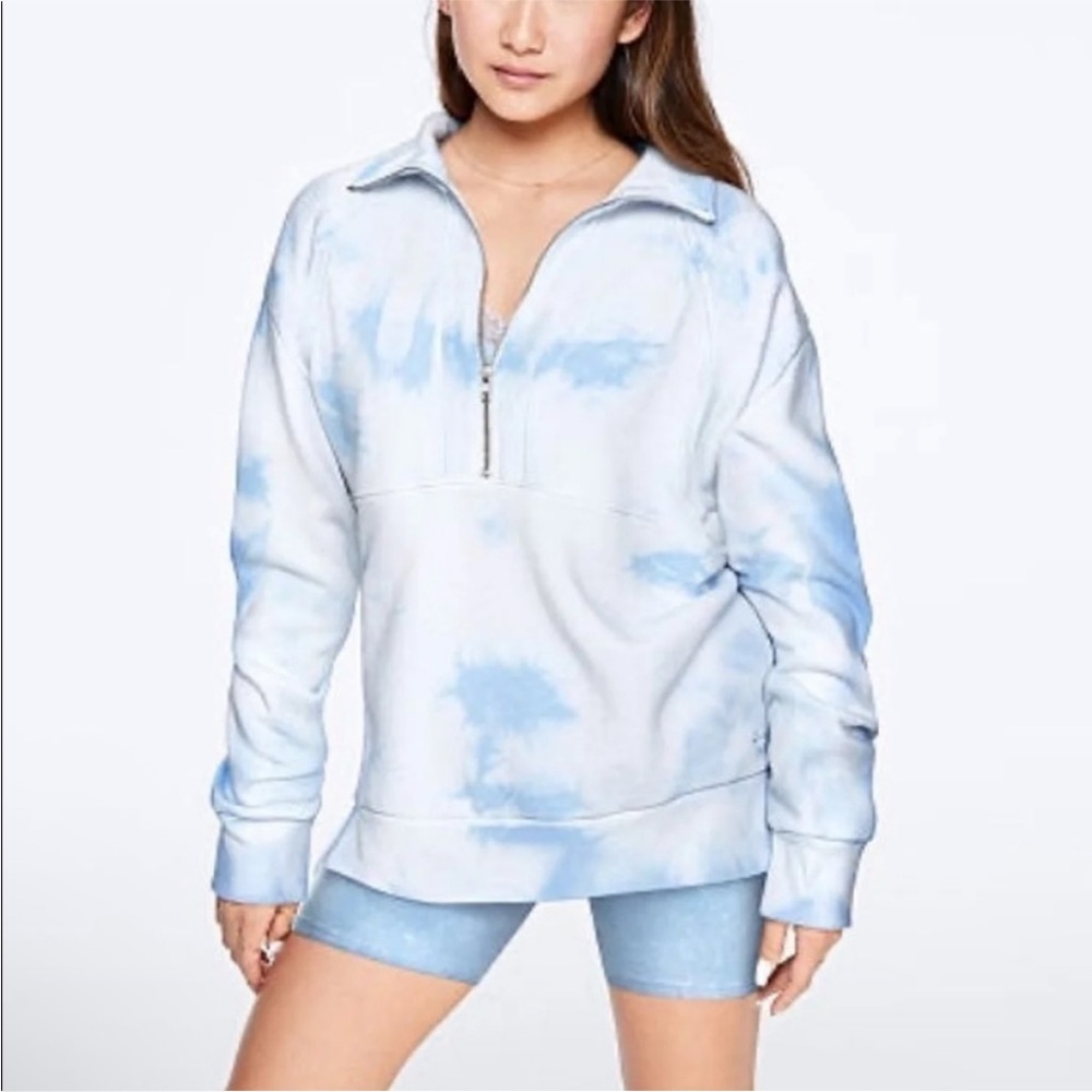 PINK Victoria's Secret Blue and White Quarter Zip-Up Sweater Small